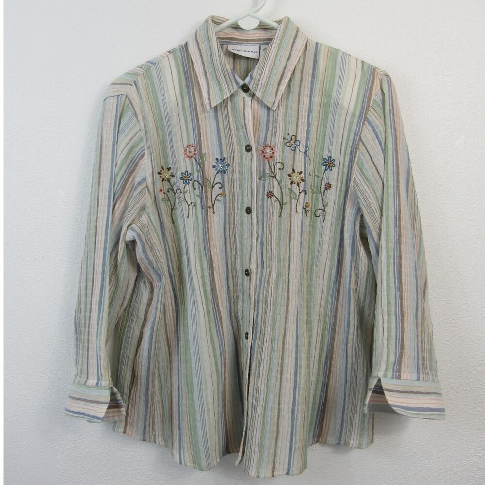 Alfred Dunner Size 12 Gauzy 3/4 Length Sleeves Button Up Short Floral Embroidery